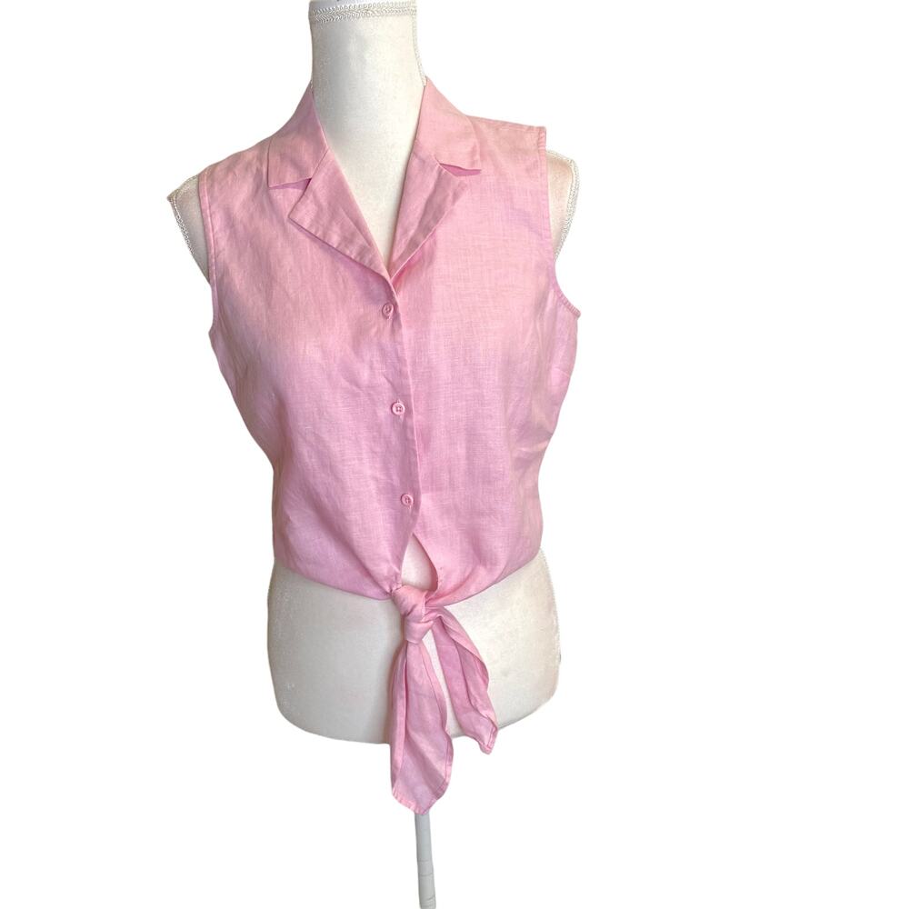 Grace elements linen women button front cropped shirt pink sleeveless Sz 8p